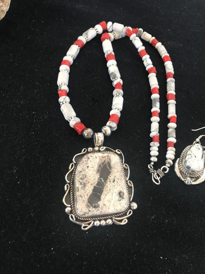 Navajo Pearls Sterling White Buffalo Turquoise Necklace Pendant 08216 XL