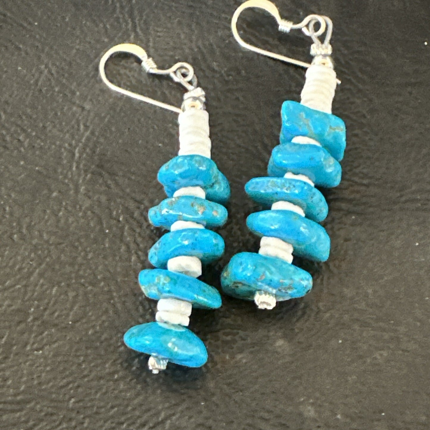 Navajo Blue Kingman Turquoise Nugget Bead Sterling Silver Earrings 17844