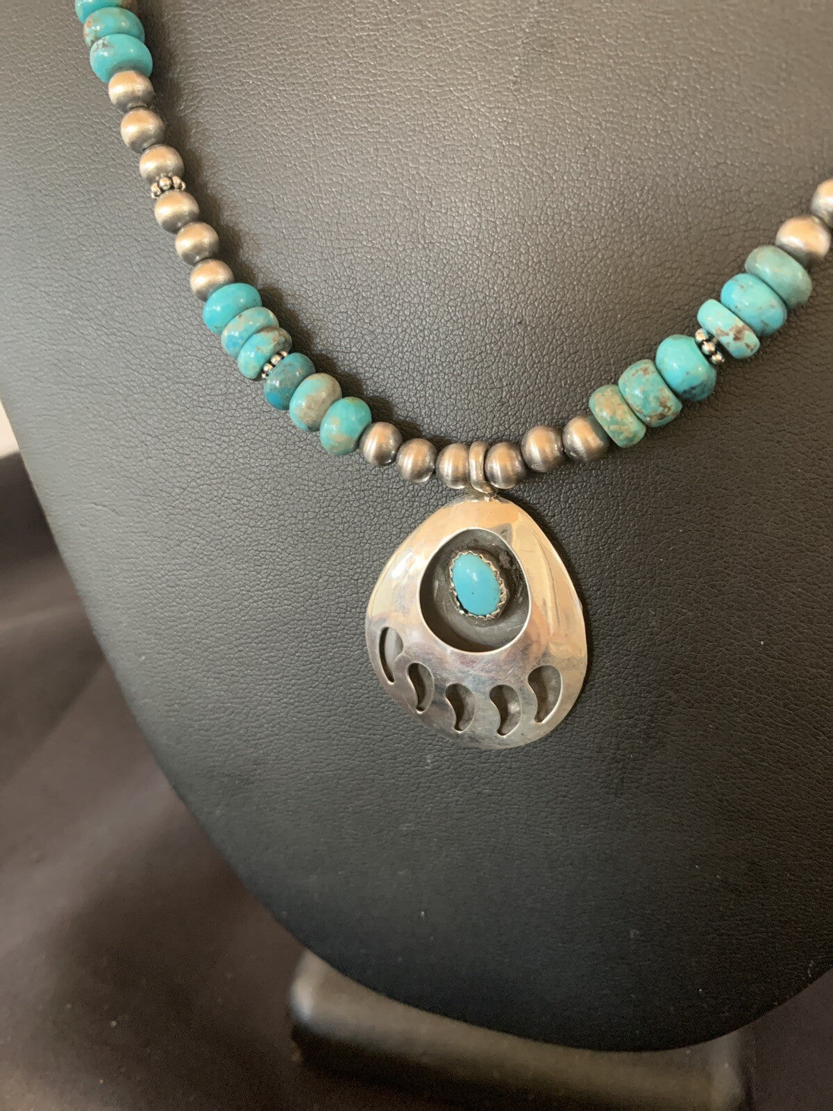 Bear Paw Navajo Sterling Silver Blue Kingman Turquoise Necklace Pendant 11693