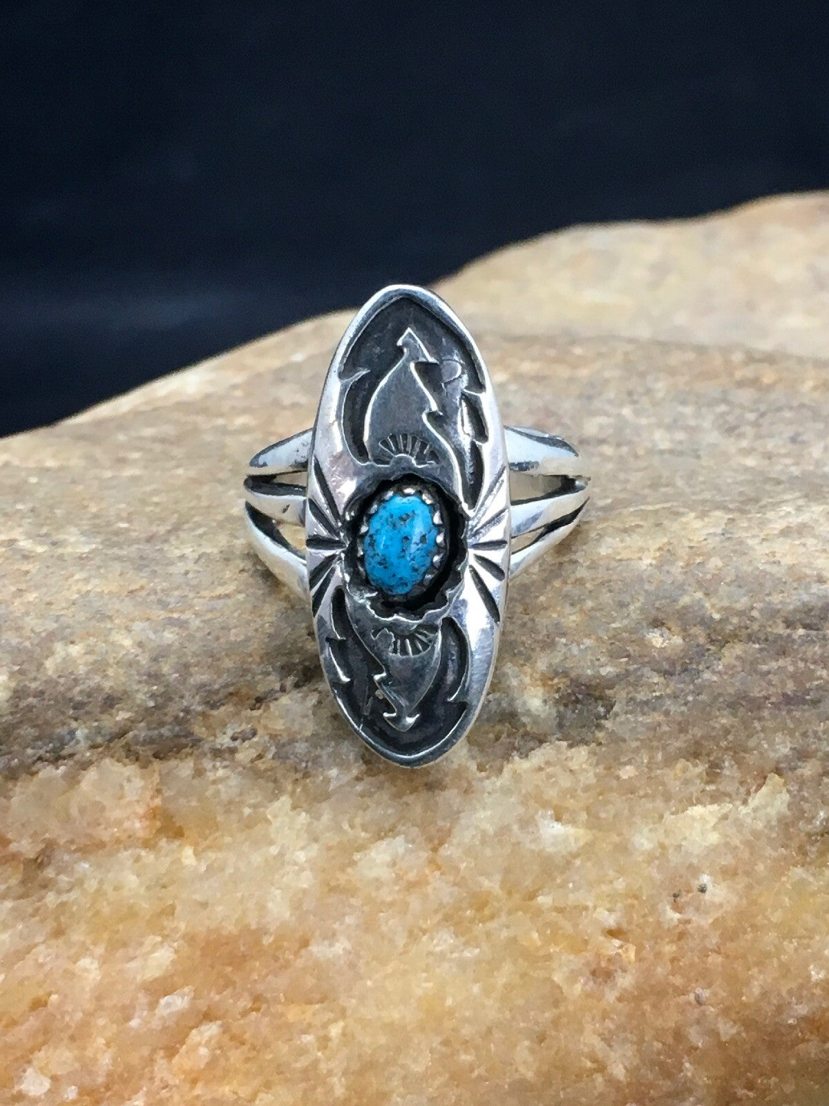 Old Pawn Shadow Box Navajo Sterling Kingman Turquoise Ring Set5.75 2625