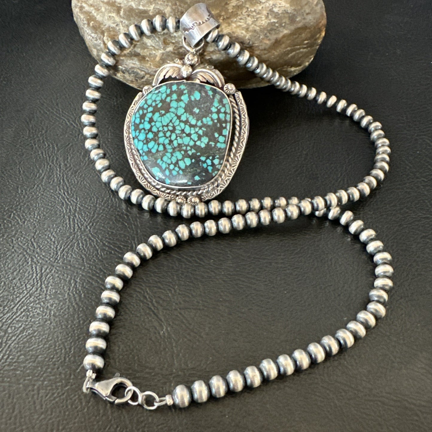 WoMens Navajo Sterling Silver Blue Spiderweb Turquoise Necklace Pendant 19297