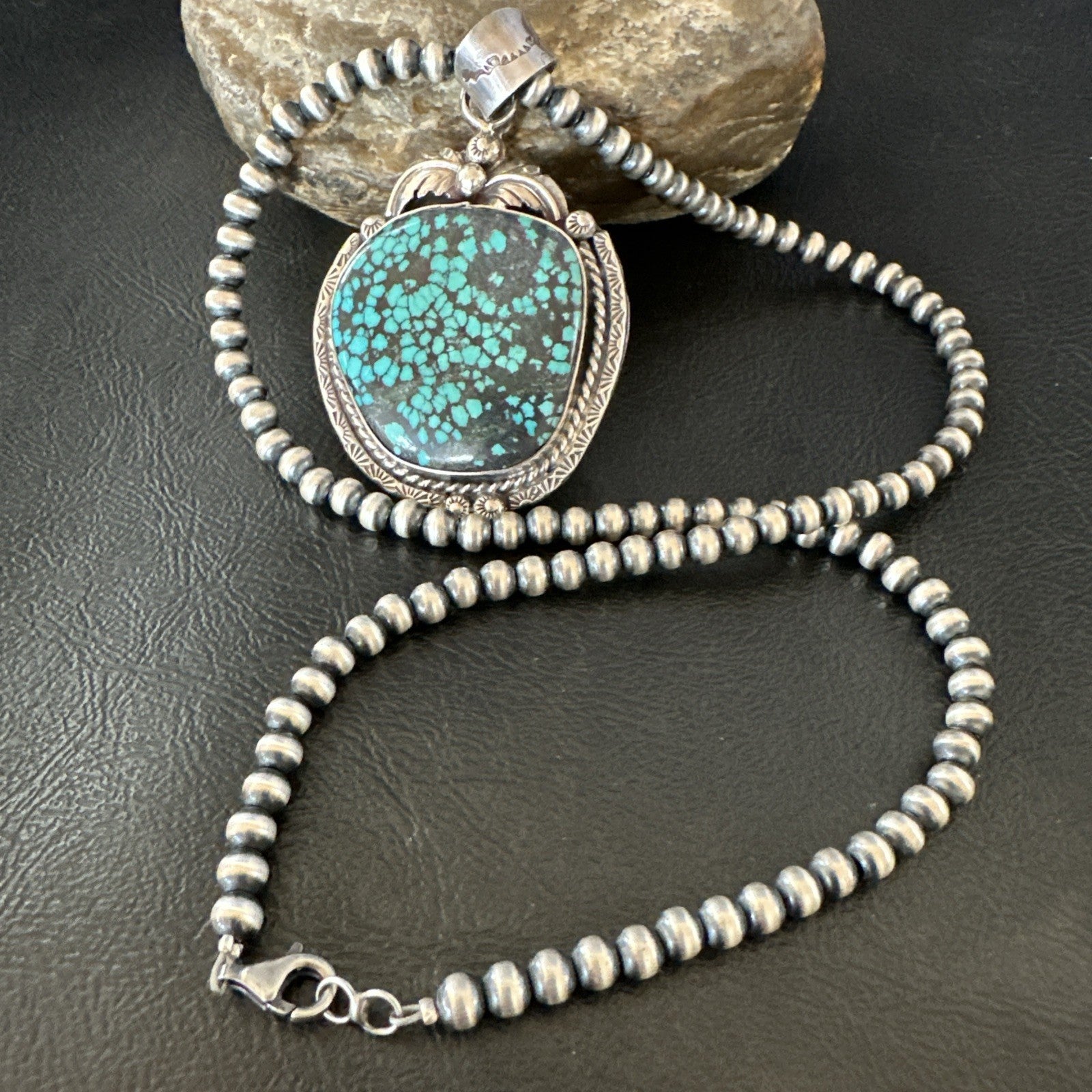 WoMens Navajo Sterling Silver Blue Spiderweb Turquoise Necklace Pendant 19297