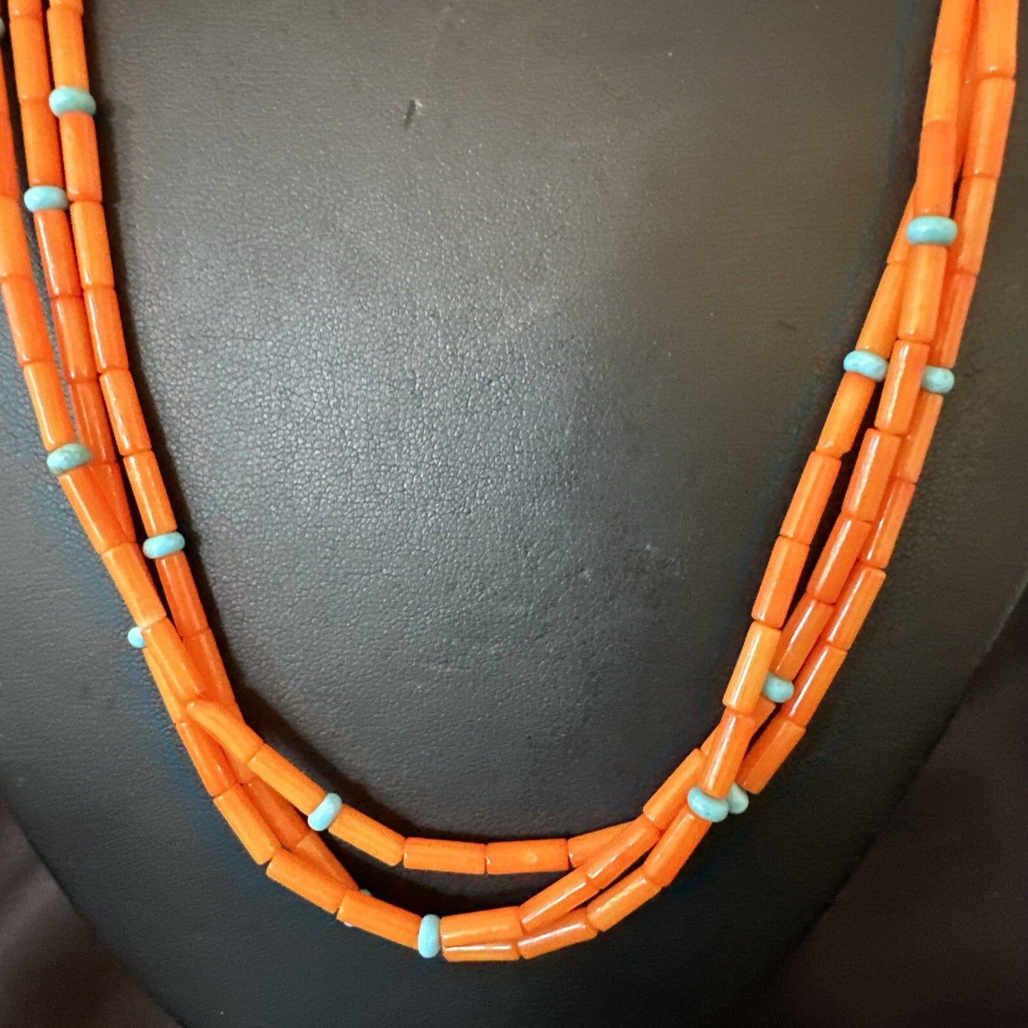 Native Turquoise Orange Coral Sterling Silver 3 Strand Necklace 21" 17819