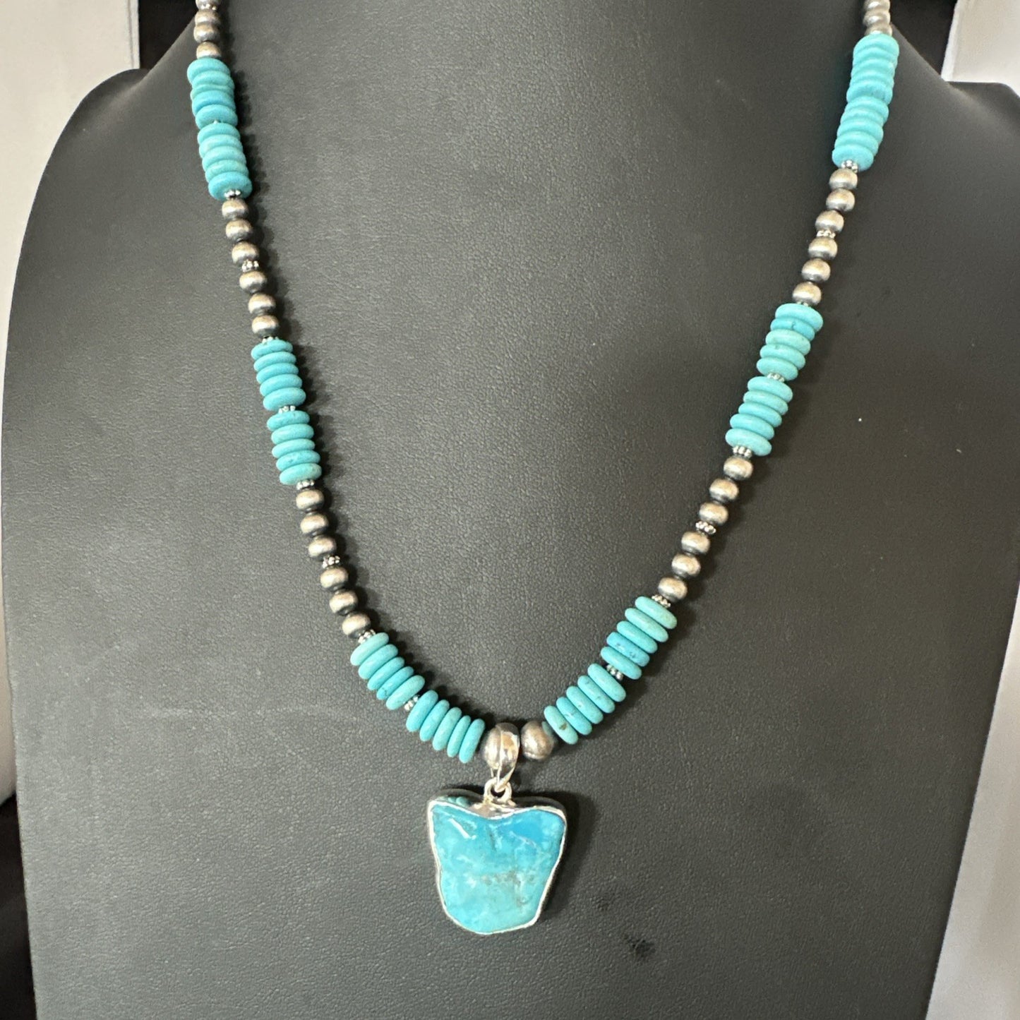 Blue Kingman Turquoise 2 Sided Pendant Navajo Sterling Native Necklace 20" 19517