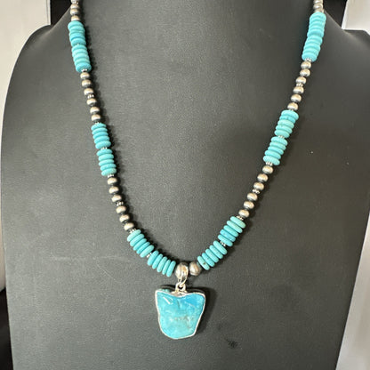 Blue Kingman Turquoise 2 Sided Pendant Navajo Sterling Native Necklace 20" 19517