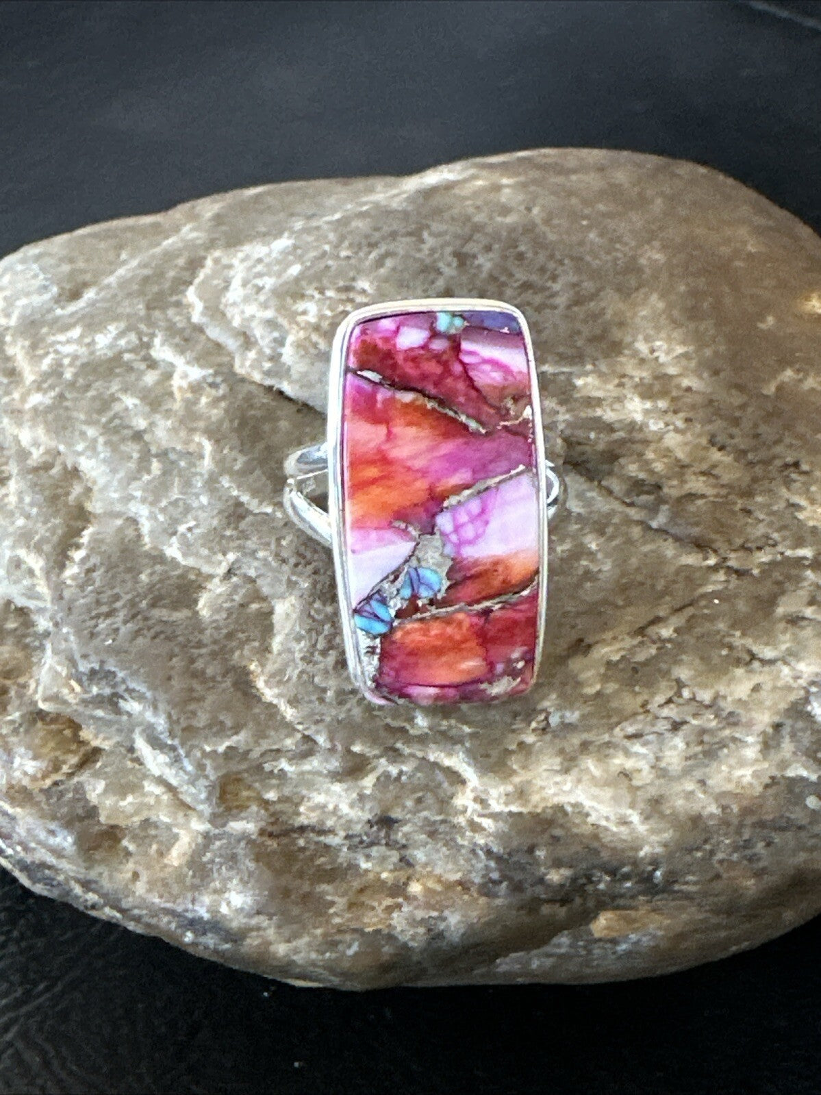 Blue Turquoise Spiny Oyster Southwestern Sterling Silver Ring Size 8 18486