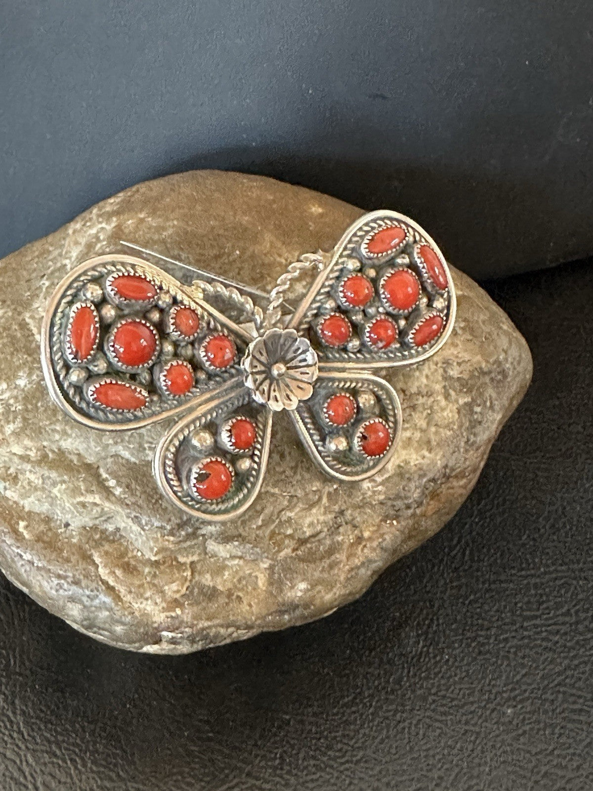 Red Coral Butterfly Sterling Silver Cluster Navajo Ring Size 8 00988