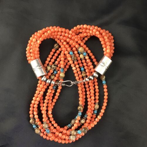 Navajo Orange Bamboo Coral Necklace 7 Strand Sterling Silver 19" 10173