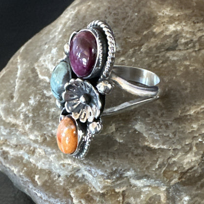 Multicolor Ring Turquoise Spiny Navajo Sterling Silver Cluster Size 8 19171
