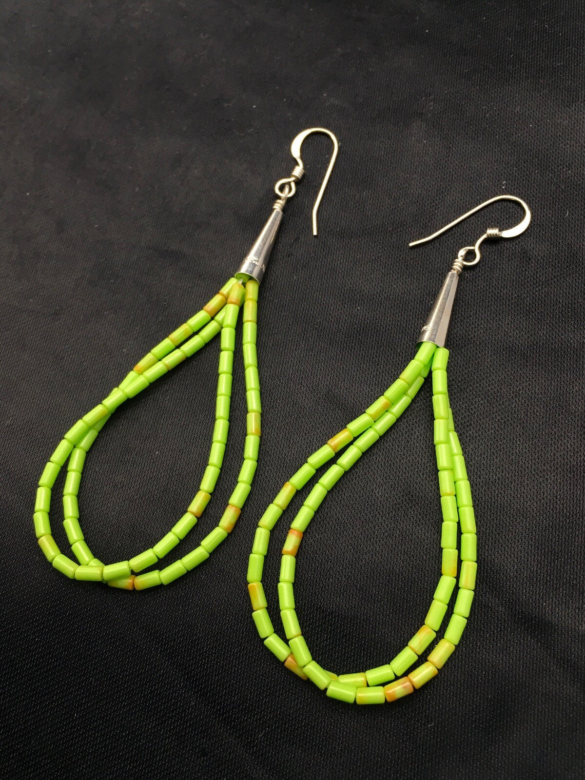 Gift Liquid Silver Heishi Dangle Green Gaspeite Sterling 2S Earrings 2.5” 4370