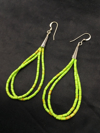 Gift Liquid Silver Heishi Dangle Green Gaspeite Sterling 2S Earrings 2.5” 4370