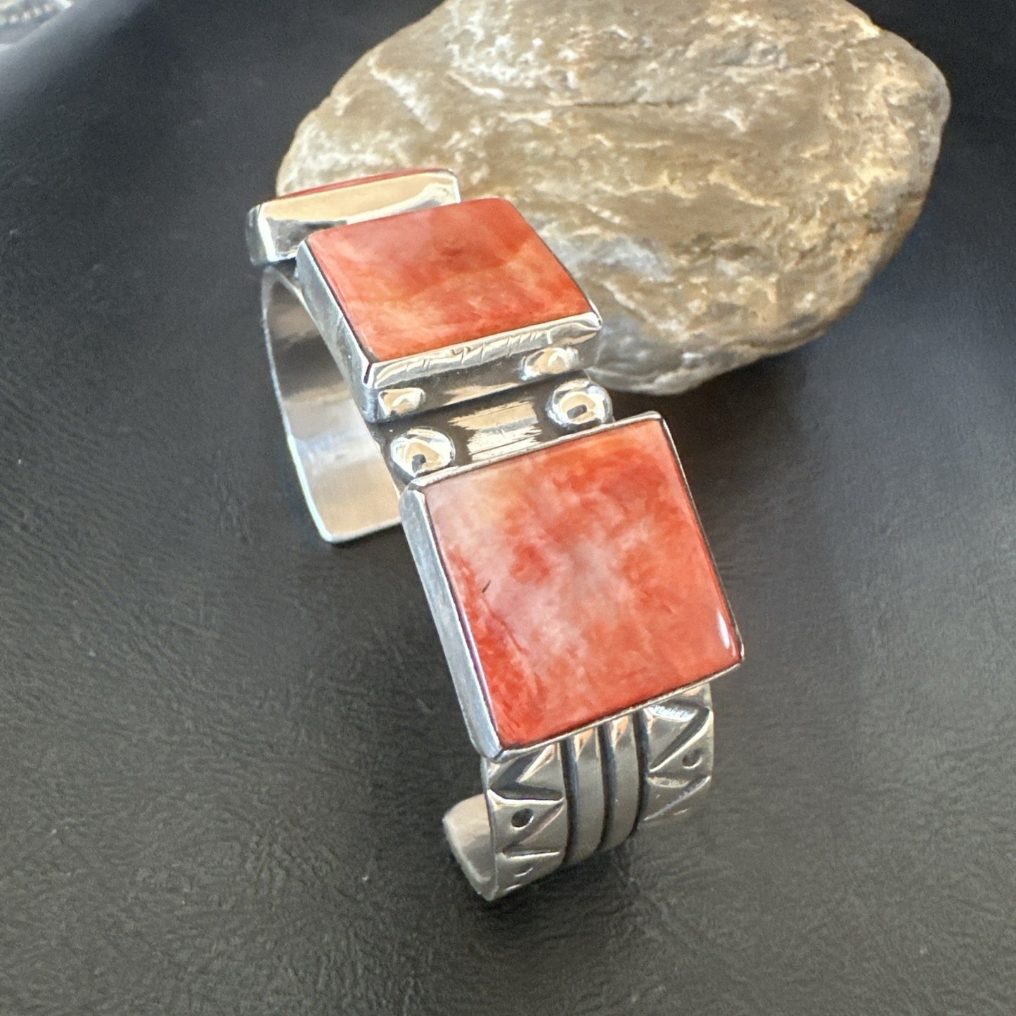 Red Spiny 3 Stone Sterling Silver Navajo Cuff Bracelet 7.7" 19487