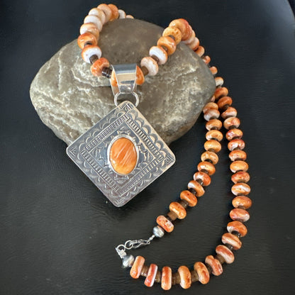 H Joe Orange Spiny Oyster Pendant Navajo Sterling Silver Necklace 19481