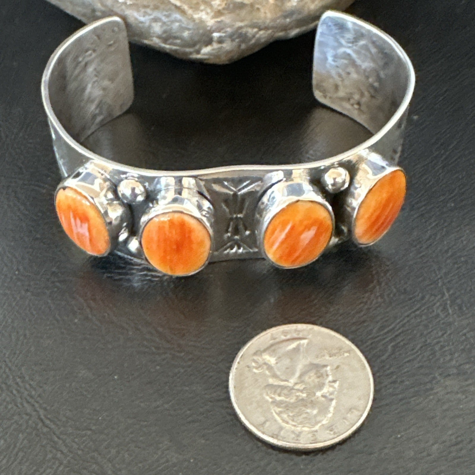 Orange Spiny Oyster 4 Stone Row Sterling Silver Navajo Cuff Bracelet 7.7" 19476