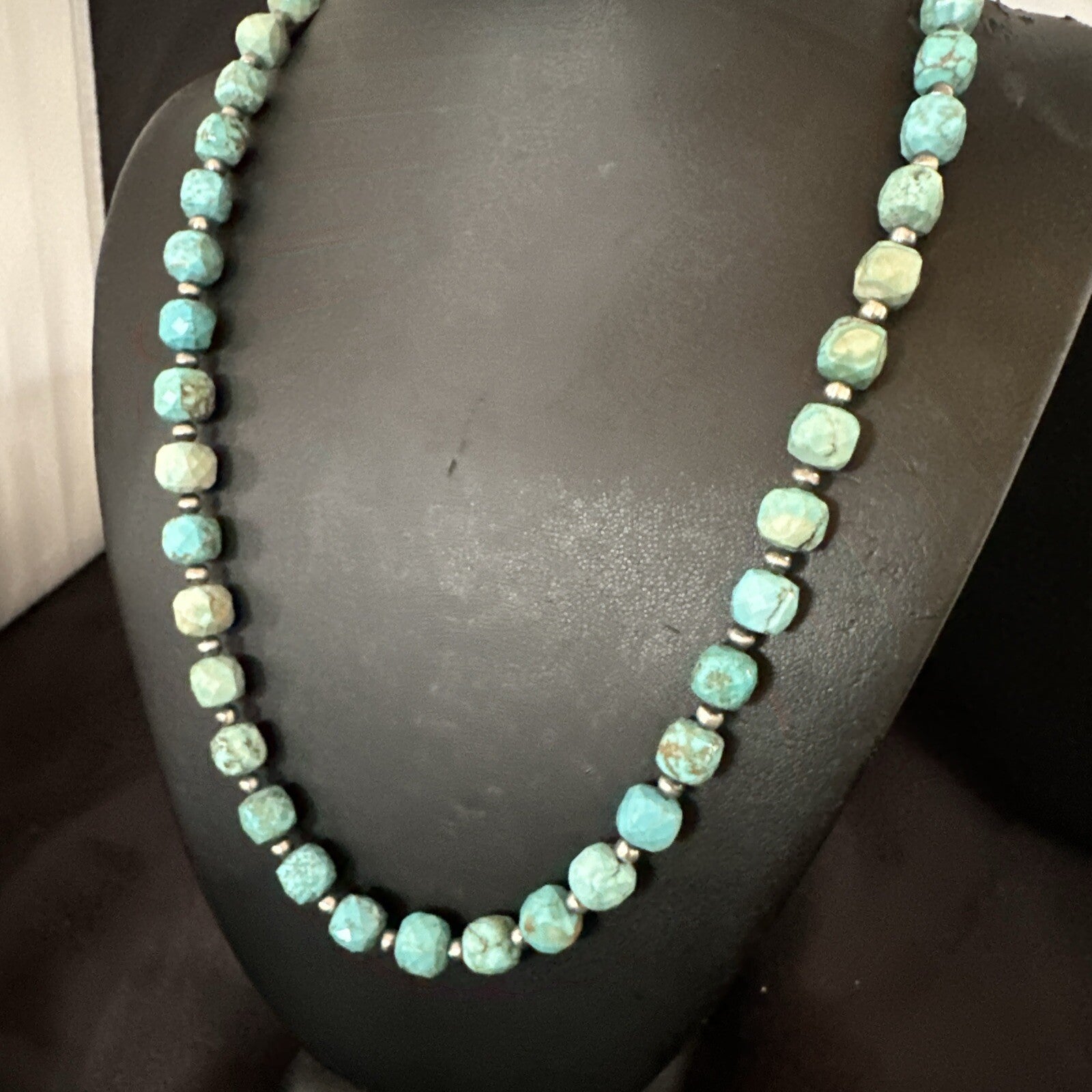 Faceted Blue Turquoise Navajo Sterling Silver Beads Necklace 21” 17727