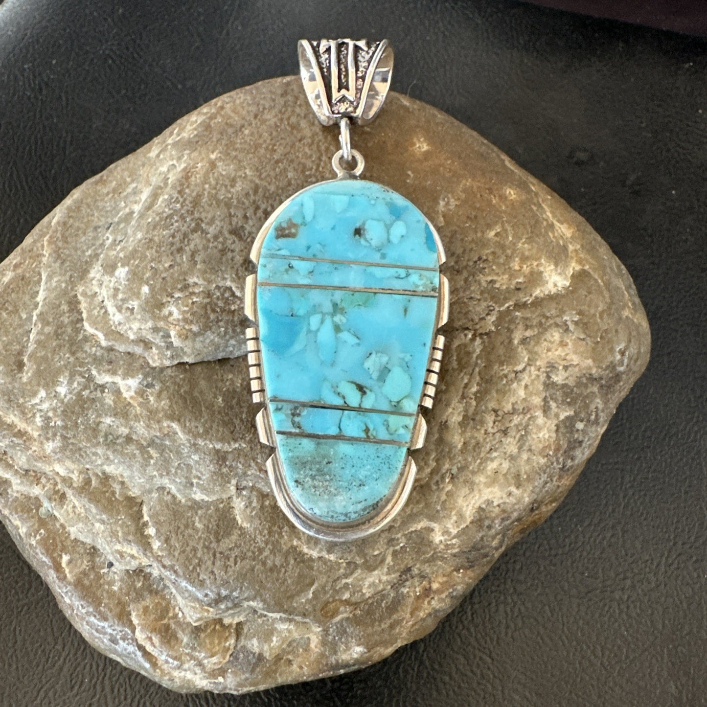 Navajo B E Inlay 925 Sterling Silver Turquoise Pendant Cobblestone 2.5" 19399
