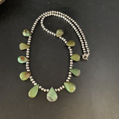 Teardrop Sterling Silver Beads Green Turquoise Necklace 20" 13508
