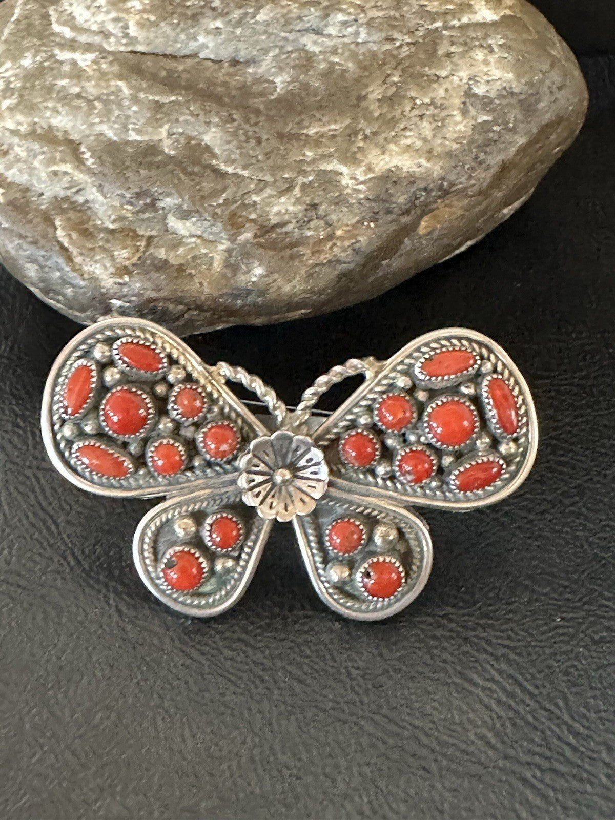 Red Coral Butterfly Sterling Silver Cluster Navajo Ring Size 8 00988