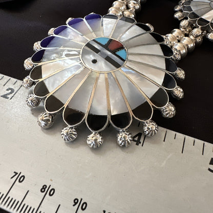 Sunface Onyx Turquoise MOP Zuni Sterling Silver Squash Necklace Bracelet 18148