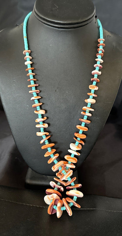 Orange Spiny Oyster Blue Turquoise 26� Navajo Sterling Silver Necklace 17949