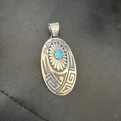 Hopi Native American Turquoise Pendant  Stamped Sterling Silver 2.5” 19686