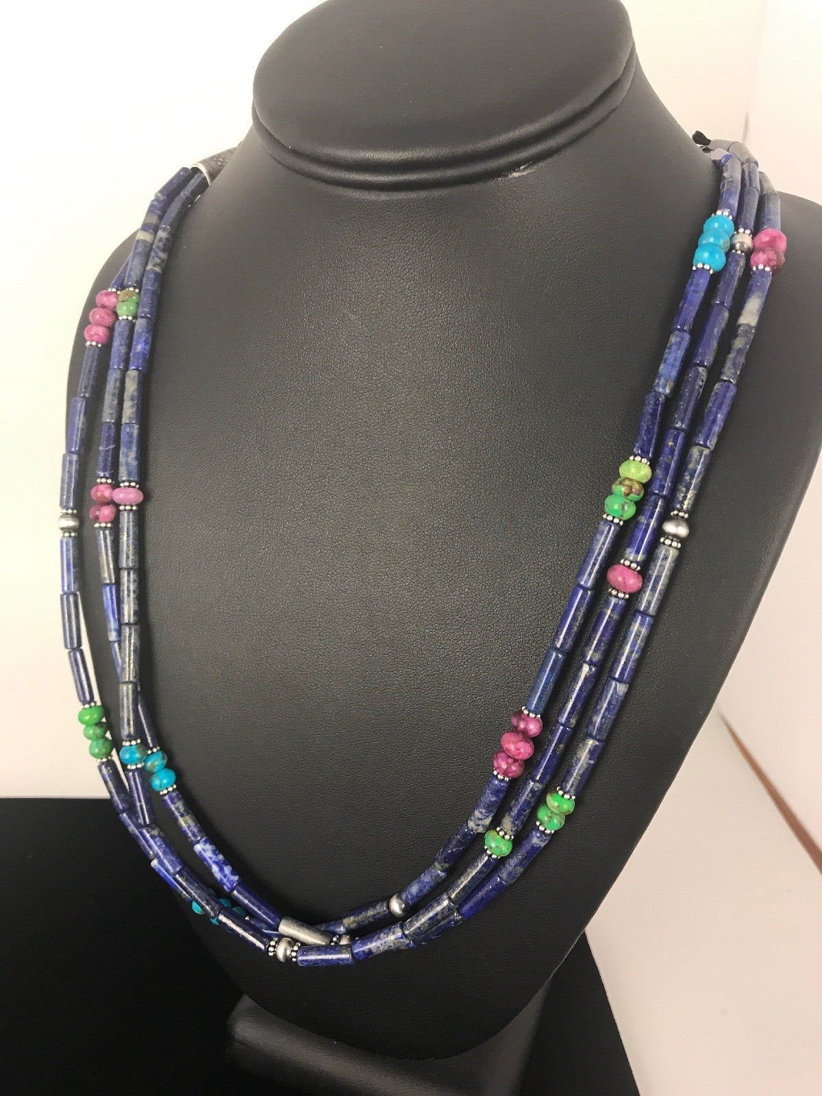Denim Lapis Multi Strands Navajo Sterling Silver Necklace 22" 03342