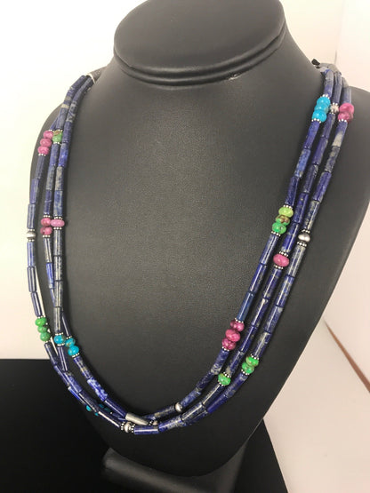 Denim Lapis Multi Strands Navajo Sterling Silver Necklace 22" 03342