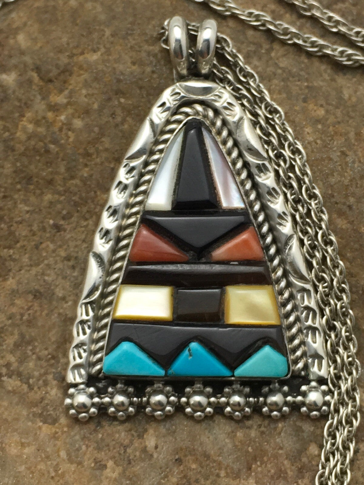 Turquoise Multi-Color Pendant Navajo Indian Sterling Silver Necklace 4093
