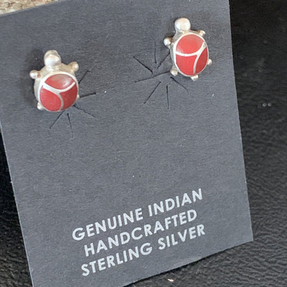 Womens Orange Spiny Oyster Turtle Inlay Navajo Sterling Silver Earrings 12833