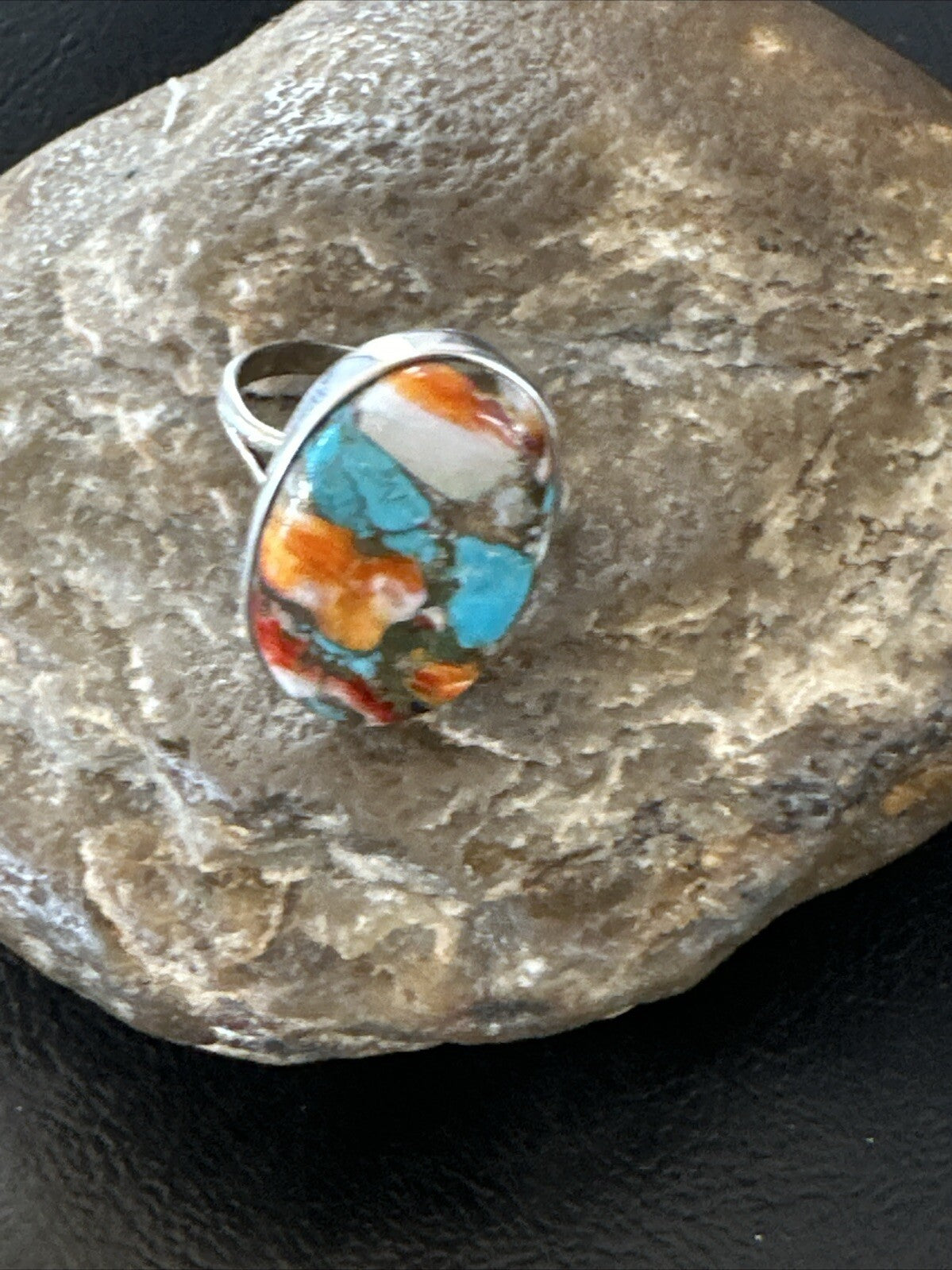 Blue Turquoise Orange Spiny Oyster Navajo Sterling Silver Ring Size 10 18207