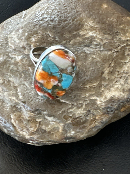 Blue Turquoise Orange Spiny Oyster Navajo Sterling Silver Ring Size 10 18207