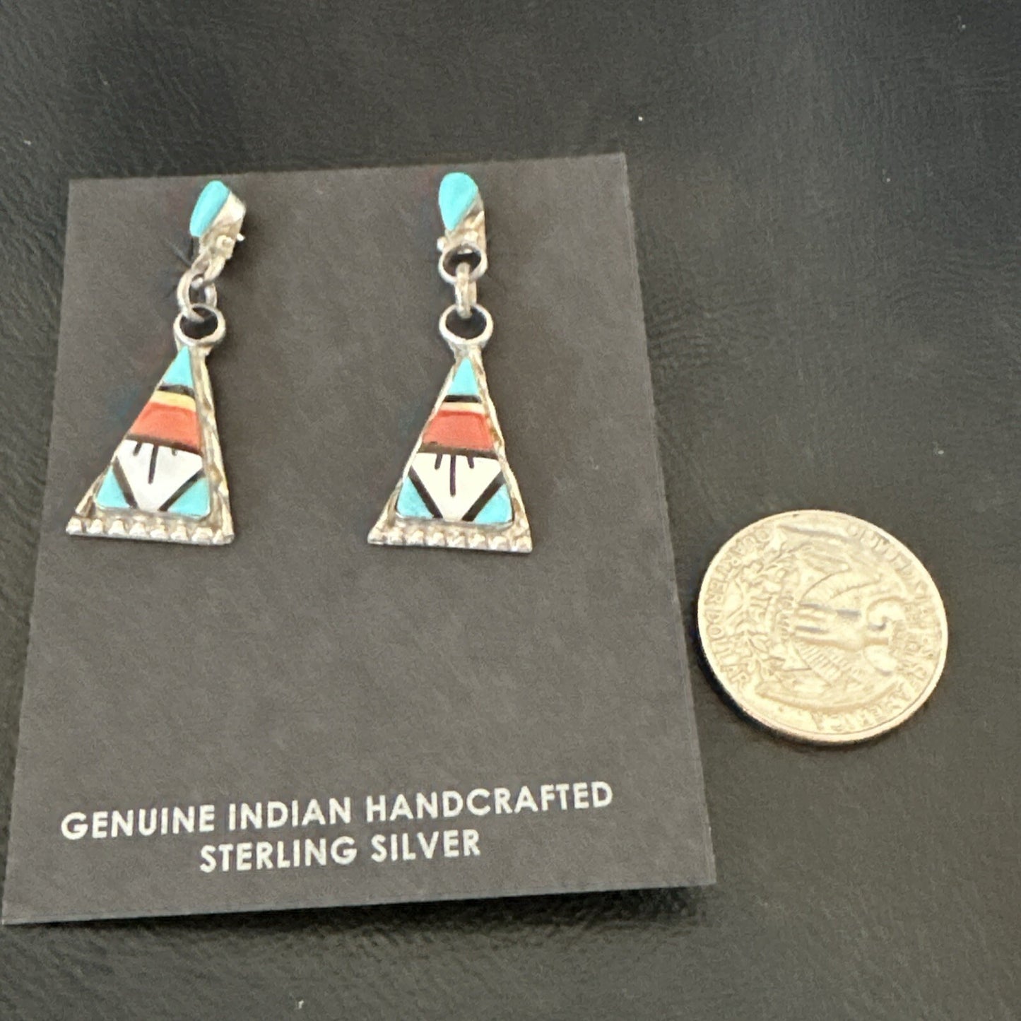 Turquoise Onyx Inlay Zuni Sterling Silver Old Pawn Earrings 00269