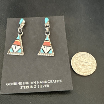 Turquoise Onyx Inlay Zuni Sterling Silver Old Pawn Earrings 00269