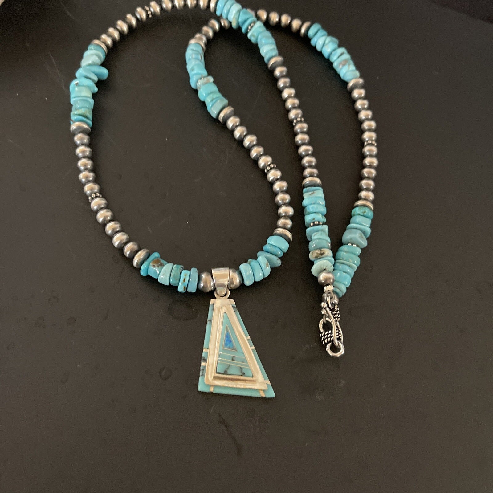 Turquoise & Opal Inlay Pendant Navajo Pearls Sterling Silver Necklace 11330