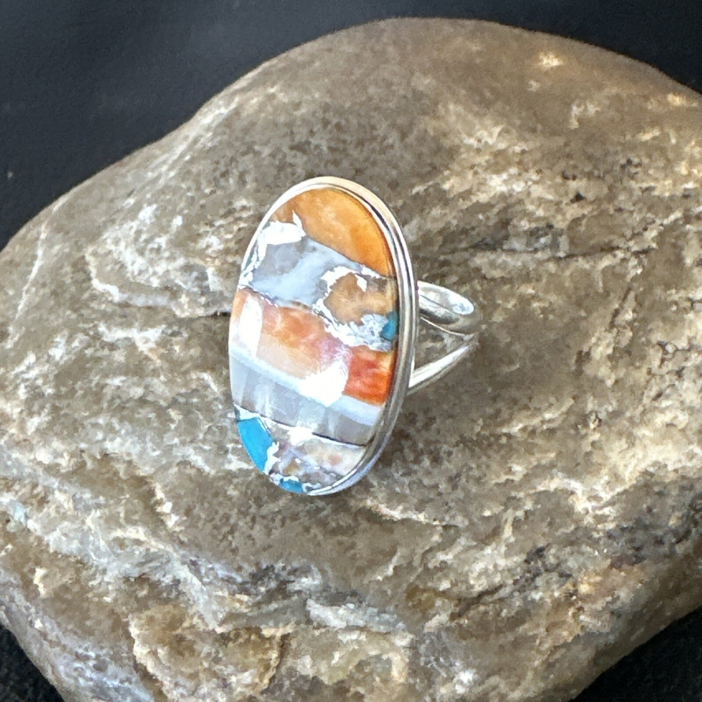Blue Turquoise Spiny Oyster Navajo Sterling Silver Ring Size 8 18251