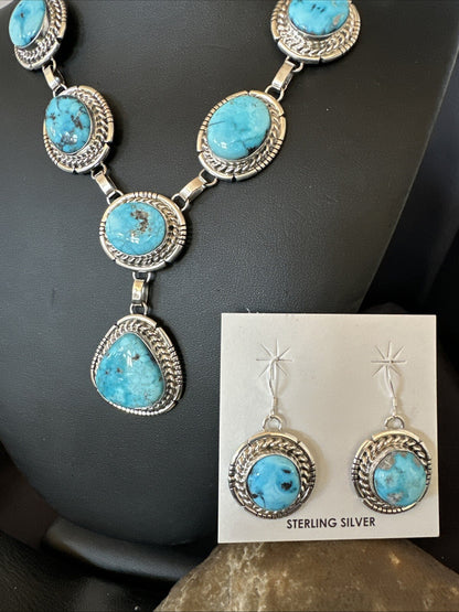 New Women Blue Kingman Turquoise Necklace Earrings Sterling Silver 19” 18620