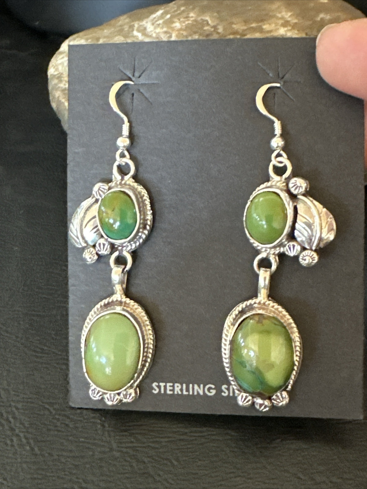 Native Navajo Green Turquoise Sterling Silver Dangle Earrings 2” 17697