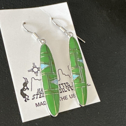 Green Gaspiete Southwestern Sterling Silver Inlay Earrings 1.5” 14933
