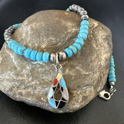 Zuni Turquoise Pink MOP Inlay Pendant 2Sided Necklace Sterling Silver 18064