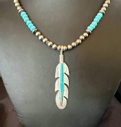 Mens Feather Turquoise Pendant Navajo Sterling Silver Beads Necklace 22" 18669
