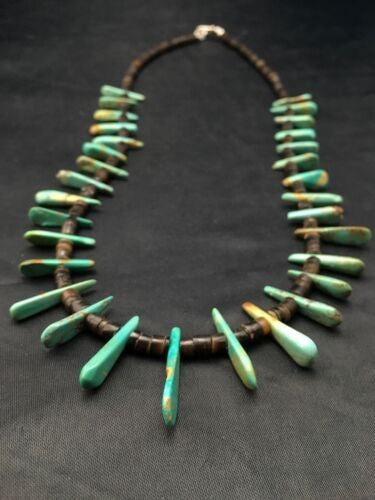 Navajo Green Turquoise & Bone Bead Necklace Sterling Silver 20" 4361