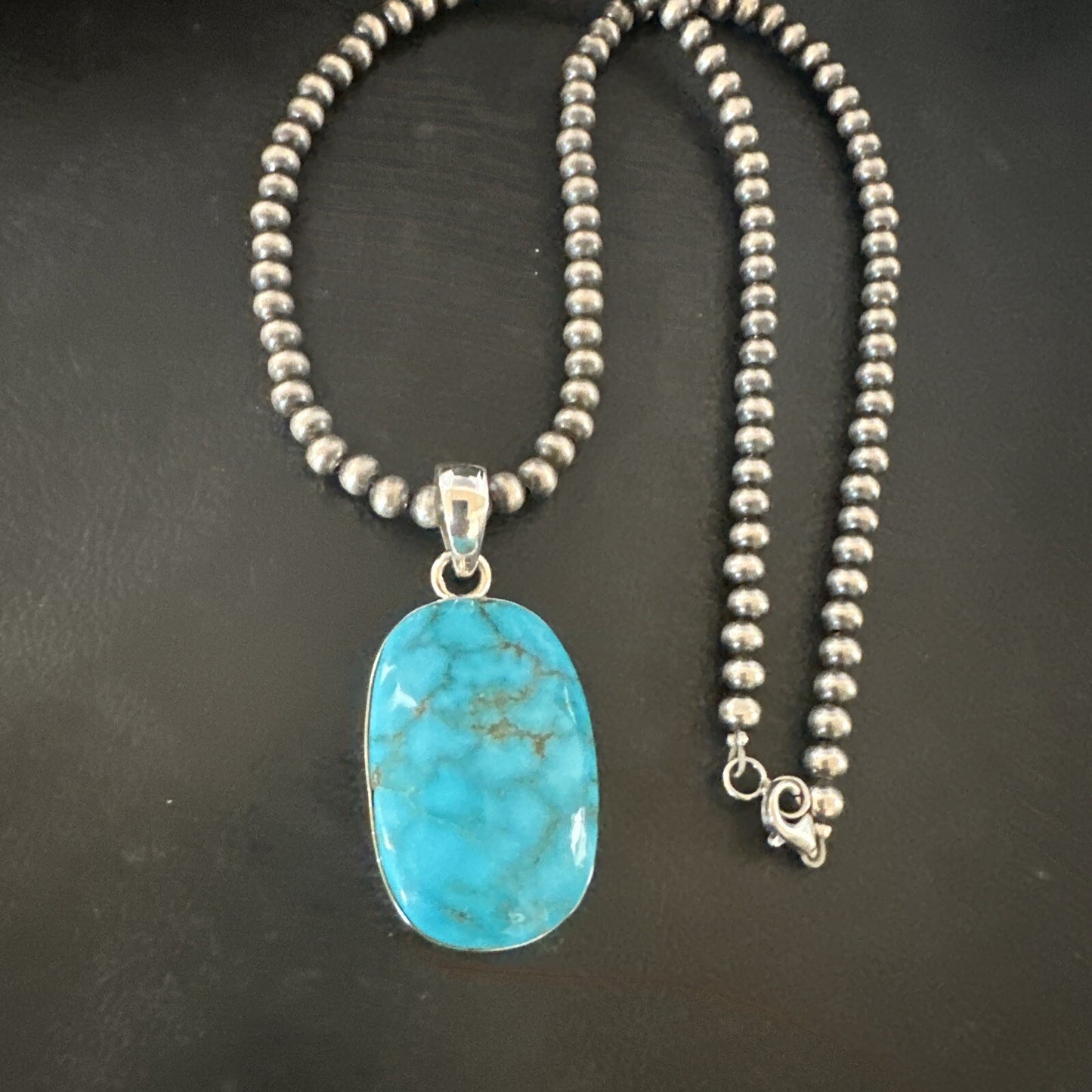 Blue Kingman Turquoise Pendant Navajo Pearls Sterling Silver Necklace 20” 16691