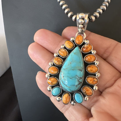 Multicolor Turquoise Spiny Navajo Sterling Silver Cluster Pendant Necklace 19559