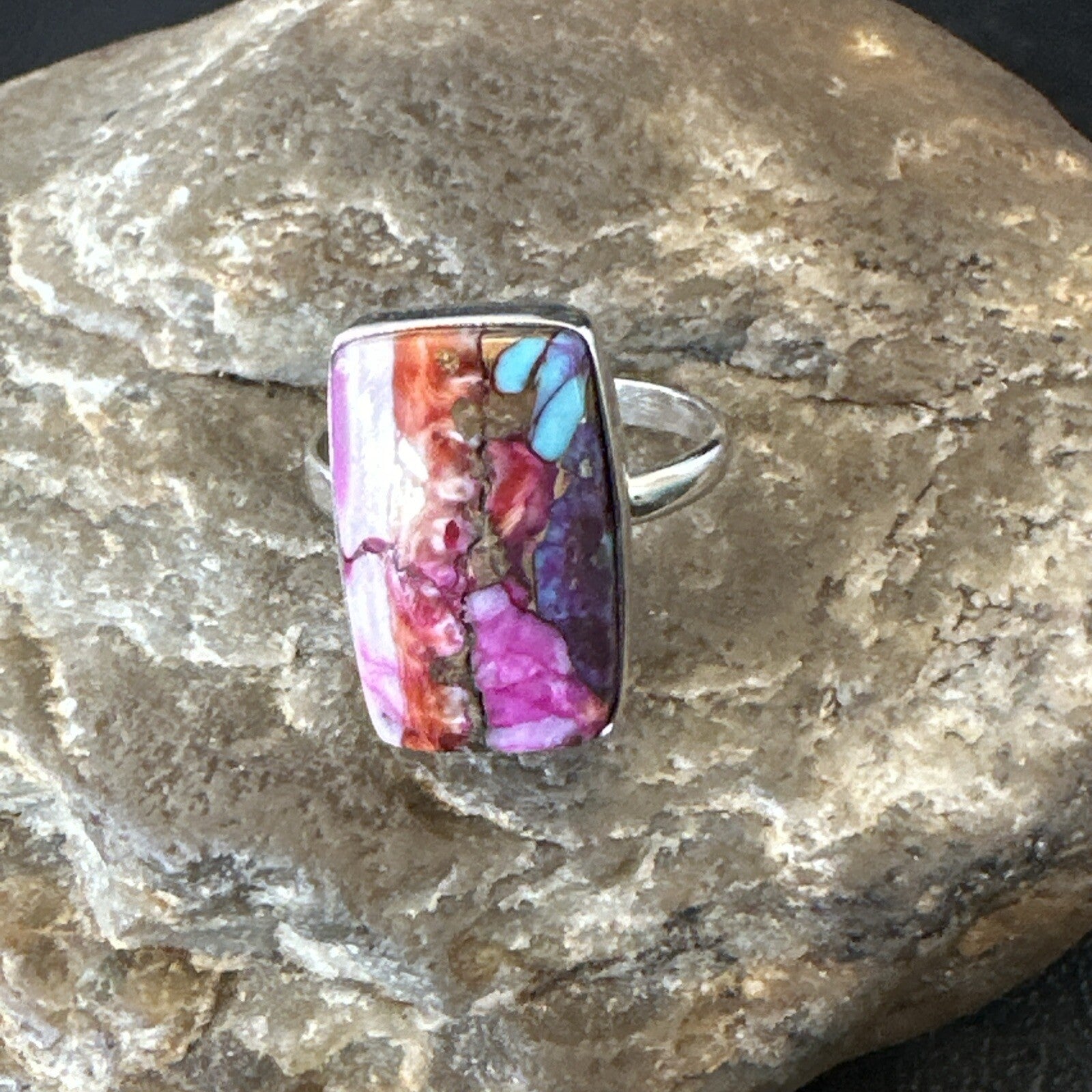 Blue Turquoise Spiny Oyster Southwestern Sterling Silver Ring Size 9 18468