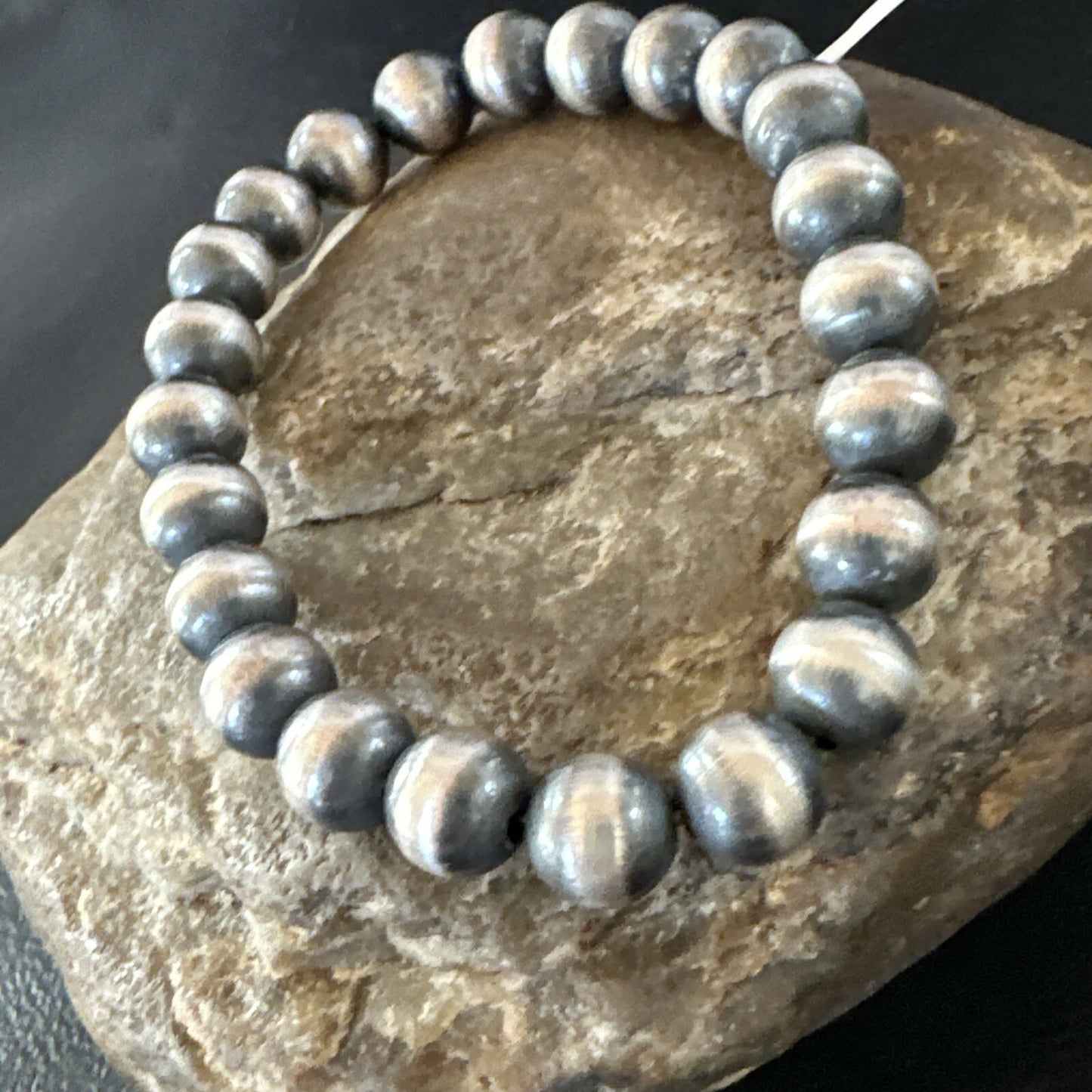 Native American Navajo 8mm Beads 7”Sterling Silver Stretch Bracelet 99087