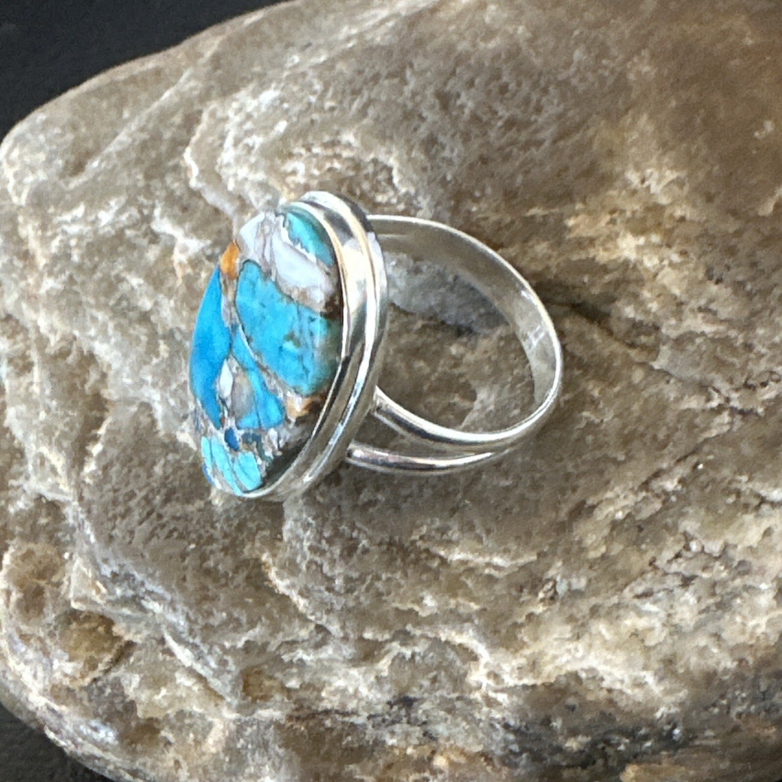 Blue Turquoise Spiny Oyster Southwestern Sterling Silver Ring Size 9 18538