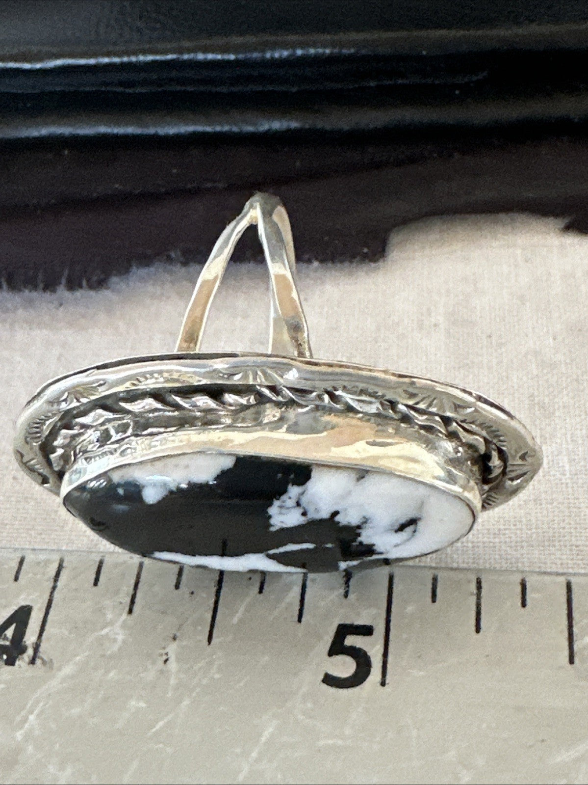 Black White Buffalo Turquoise Navajo Sterling Silver Ring Size 11 19810