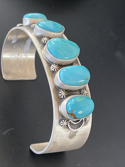 Navajo Sterling Silver Blue Kingman Turquoise Cuff Bracelet 5 Stone HJoe 02051