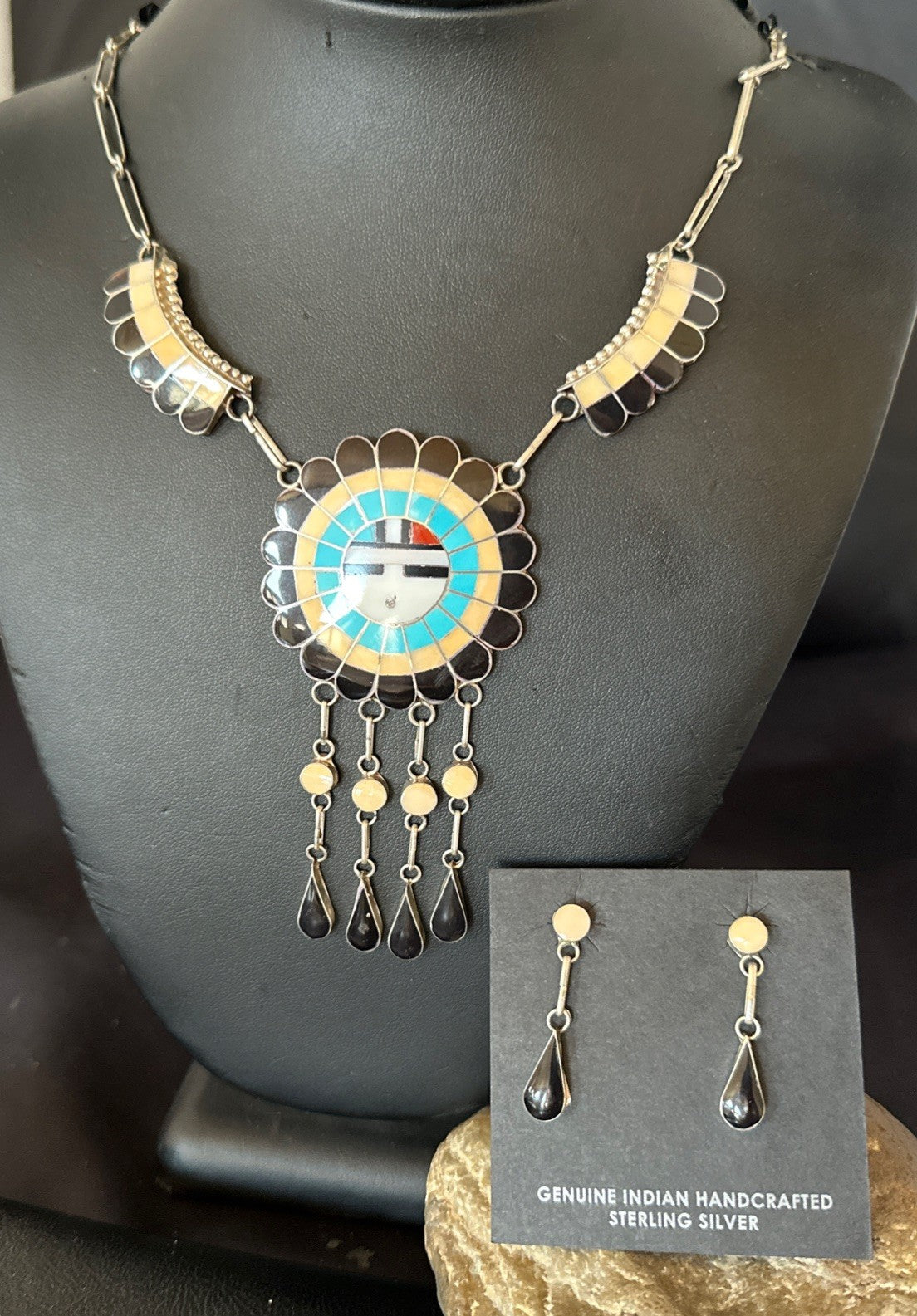 Sunface Spiny Onyx Turquoise Zuni Sterling Silver Necklace 18" Earrings 19115