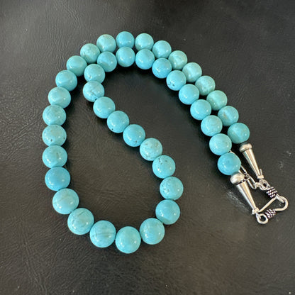 Blue Turquoise 10mm Round Bead Southwestern Sterling Silver Necklace 18” 19402